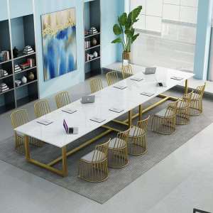 White Long Iron and Marble Simple Office Desk
