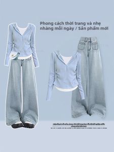 NUMEN BUTTON | Design Sense Korean Style Spring Outfit Women Two-Piece Set Fake Layer Top With Wide Leg Jeans