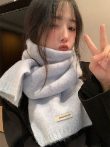 Korean Style Knitted Woolen Blue Scarf Thick Warm Winter Womens New 2025 Fashion Neck Protection Scarf Multifunctional Pure Color