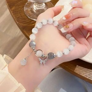 New Imitation Opal Butterfly Bracelet Women Simple Fashion Versatile Gray Moonlight Crystal Bead Pendant Bracelet Gift