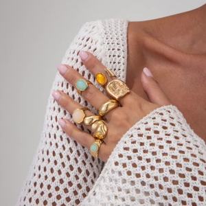 Ingemark | Ingemark 7Pcs/Set Luxury Gold Color Crystal Open Rings for Women Wedding Bridal Vintage Geometric Rings Trendy Finger Jewelry