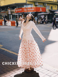 Chicxixi Red Polka Dot Bubble Skirt High Waist Autumn Winter Womens Midi Skirt Elegant A-Line Skirt for plus Size Women