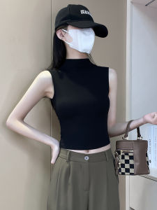 Black Half High Collar Sleeveless Vest Womens Inner Wear Summer New Style Outerwear Threaded No Side Breast Short Top