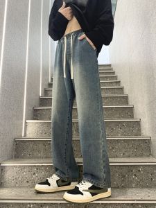 กางเกงยีนส์ทรงหลวมเอวยางยืดสไตล์อเมริกันย้อนยุคสำหรับผู้ชาย กางเกงขายาวทรงตรง ทรงหลวม สีน้ำเงินอเมริกัน