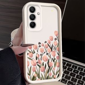 Pink Tulip Print Phone Case For Samsung Galaxy A73 A72 A71 A56 A55 A54 A53 A52 A51 A50 Matte Ladder Edge Shockproof Back Cover