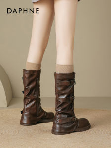 Daphne Brown Long Boots Womens 2025 New Retro Cuff Western Cowboy Boots Casual Mid-Calf Fashion Boots round Toe Zipper Closure