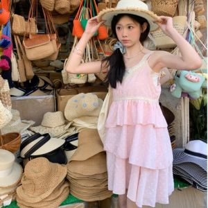 Váy Xếp Ly Ren Dày Mùa Hè Màu Hồng Cho Nữ Váy Hai Mảnh Họa Tiết Hoa Dây Đeo Cổ Chữ V Váy Ngắn Mùa Hè