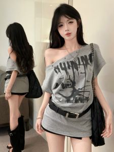 GUZILIAN | Street Style Printed Asymmetrical Short Sleeve T-Shirt Womens Summer Slimming Waist Design Mid-Length Casual Top