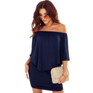 ชุดเดรสแขนสามส่วนสไตล์ยุโรปและอเมริกาแบบใหม่เดรสสั้นแขนสั้นคอปาดเอวสูงชายระบายเซ็กซี่แบบบางสไตล์ยุโรป