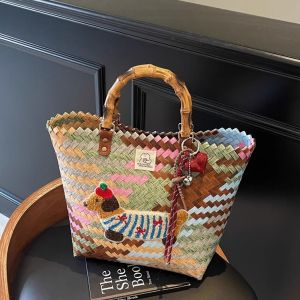 Large Capacity Woven Tote Bag Womens Commuter Handbag Summer Vacation Straw Basket Style Handbag Soft Polyester Lining