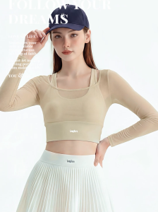 LongHero SG Sports Top for WoMan Faux Two Piece Sheer Mesh Long Sleeve Square Neck Cropped Yoga