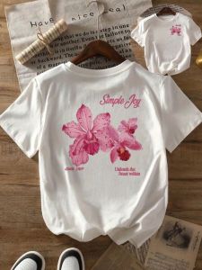 Front and back short-sleeved orchid black background printed round neck womens casual top comfortable womens clothing