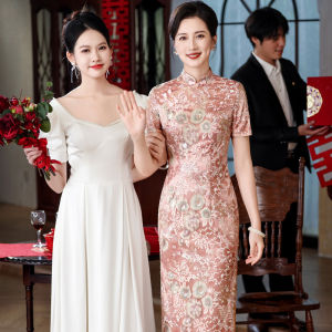 Elegant Long Cheongsam Wedding Dress for Elderly Women Short Sleeve round Collar Breathable Polyester Fiber Floral Pattern
