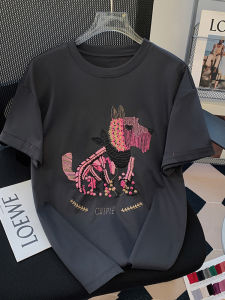 Summer Grey Dog Print Short Sleeve T-Shirt Womens Loose Casual round Neck Top Durable Fashionable Versatile Loose Fit round Neck T-Shirt