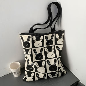 Rabbit Canvas Bag 2025 New Ins Large Capacity Single Shoulder Zipper Handbag for Students Class Fashion Trend Soft Handle