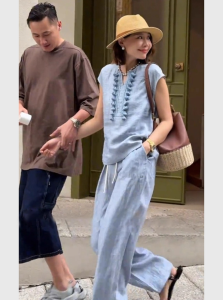 DANTING | Casual Business Blue Blazer Short Sleeve Shirt and Wide Leg Pants Set