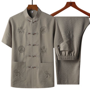 เสื้อเชิ้ตแขนยาวผ้าฝ้ายลินินหลวมคอตั้งสำหรับผู้ชาย ชุดกันหนาวฤดูใบไม้ร่วงสำหรับคุณพ่อและคุณตา เสื้อผ้าผู้สูงอายุ สไตล์จีนโบราณ