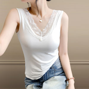 YIMEI เสื้อบังทรงลูกไม้สีขาวคอวีสำหรับผู้หญิง2025ด้านในฤดูใบไม้ผลิและฤดูร้อนใหม่ให้ความรู้สึกสูงและเสื้อแขนกุดทำจากผ้าฝ้าย