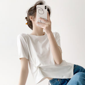 Sana Summer New White Short Sleeve Womens T-shirt Design Sense Irregular Hem Pleated Classic Solid Color Commute Style Cotton Blend