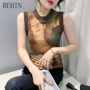 REHIN เสื้อกล้ามแขนกุดทรงเข้ารูปแฟชั่นฤดูร้อนใหม่ พิมพ์ลายย้อนยุค ทรงเฉพาะตัวสำหรับผู้หญิง บอดี้สูทหญิง