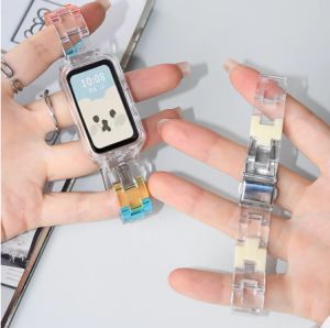Candy Color Resin Strap with Clear Case for Huawei Band 10 / Huawei Band 9 / Huawei Band 8 7 6 for Huawei Band10 Band9 Band8 Band7 Band6 Resin Watch Strap Band with Case Replacement Bracelet