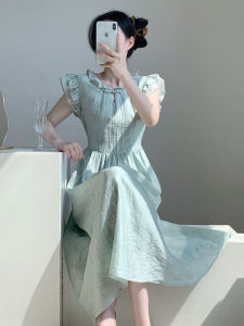 French Gentle Style Sweet Small Fly Sleeve Waist Cinched Long Dress Summer Popular New Dress 2026 High Waist Short Sleeve A-Line Dress