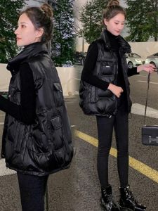 Womens down Vest 2024 Spring New Large Size Black Glossy Short Jacket Design Sense Shoulder Pad Vest Ladies Outerwear