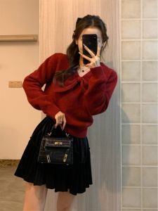 ชุดเดรสสีแดง เสื้อสเวตเตอร์ ชุดสูทฤดูหนาว แฟชั่นปาร์ตี้วันคริสต์มาส ชุดเดรสยาวปานกลาง เอวสูง ทรงเอ แขนยาว ผ้าโพลีเอสเตอร์