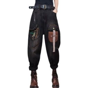 Slimming High Waist Distressed Embroidered Womens Jeans Harlan Pants Casual Style Long Leggings Denim Fabric Deep Color