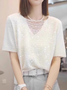 BINKAFENNY | Plus Size Knitted Short Sleeve T-Shirt Women Summer Loose Thin Style Fashionable Bright Sequin Design Breathable Casual Top