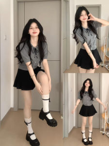 Summer Fashion Knitted Set Womens School Style Butterfly Knot Short Sleeve Polyester Skirt Two-Piece Suit 18-25 Years Old