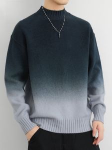 ROMON | Lomond Gradient Color Mens Knitted Sweater Winter Thickened Warm Casual Half High Collar Fleece Lined Long Sleeve Fashion Urban Style
