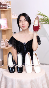 Giày Búp Bê Nữ Đế Bệt Quai Ngang Đính Đá Da Bóng Pixie H397