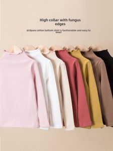 Girl Bottoming Shirt Spring and Autumn High Neck Pure Cotton Long Sleeves Kids Autumn Winter Coat White with Fleece Lining Baby Long Johns Top Inner Wear