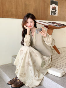 Romantic Tassel Trim Printed Midi Dress Two Piece Set Slimming Spring Autumn Stylish Korean Style Bubble Sleeve A-Line Skirt