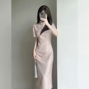 Elegant Pink Cheongsam Dress Slimming Young Style Chinese New Version High Waist Mid-Length Summer Fashion High-Quality Gown