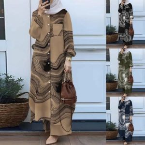 Arabian Print Muslim Womens Shirt And Pants Set Long Sleeve Fashionable Womens Clothing Arabic Style Ethnic Print Dress