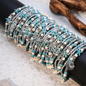 Fashionable Summer Beach Vacation Turtle Foot Bracelet Womens Multi-layered Simple Personality Turquoise Dolphin Pendant Zirconia Natural Stones