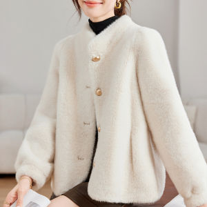 Mink Velvet Coat Short Loose Thickened Stand Collar Open Cardigan Womens Outerwear Winter Woolen Knitwear Korean Style
