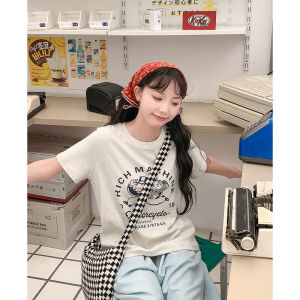 Gray Short Sleeve T-Shirt Womens Loose Summer Cartoon Print Top Sweet College Style Art Wild Series Cotton Polyester Blend