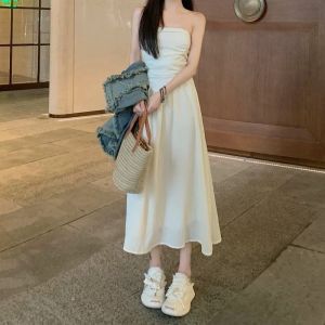 Elegant French Style Off-Shoulder A-Line Dress Long Skirt Womens Summer Waist-Cinching Gown Vintage Touch High Waist