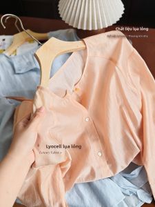 XIAOER | Áo Nữ Cao Cấp Từ Sợi Lụa Lyocell Bóng Đai Dây Vai Nơ Buộc eo