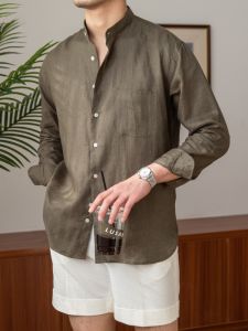 Casual Breathable Loose Fit Linen Mandarin Collar Mens Shirt
