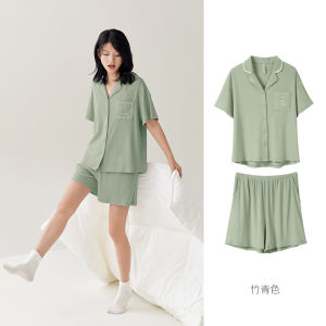 คู่รักความรู้สึกเย็นต้านเชื้อแบคทีเรีย ชุดนอน ฤดูร้อน แขนสั้น หลวม ลำลอง เสื้อผ้าบ้านผู้ชายถักบาง ผ้าฝ้าย ชุดนอน