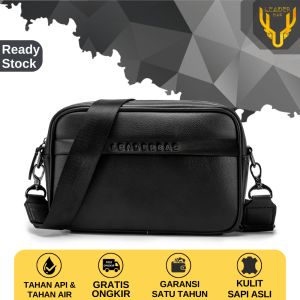 Tas Selempang Pria Kulit Sapi Natural Proses Merk Leaderbag Terbaru Warna Hitam Waterproof Atau Clutch Handbag Cowok Branded Tas Tangan Premium Kulit 2IN1 Multifungsi MARCO