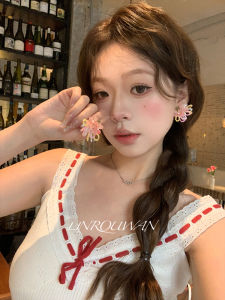 Fresh out Pink Beaded Cherry Blossom Ear Studs Handmade Alloy Fashion Jewelry Womens Earrings Spring Oxygen Style Fairy Tale