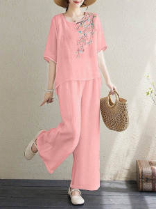 Cotton Linen Short Sleeve T-Shirt Set Womens Summer New Loose plus Size Solid Color Print Nine-Piece Pants Two-Piece Set