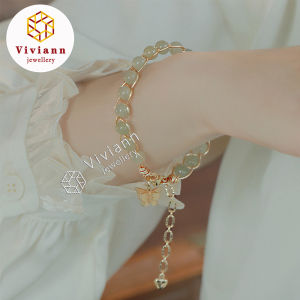 Viviann Original Design 14k Gold Filled Hetian Jade Bracelet Butterfly Pendant Bracelet Gift for Best Friend Bracelet For Women Gold Figaro Chain on the Wrist Wedding Gifts Handmade Hasp Bracelet Birthday Gift Bangles