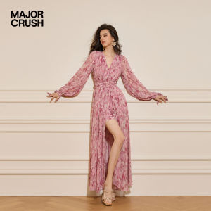 French Style Floral Print V-Neck Waist-Cinching Pink Dress