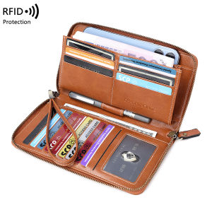 RFID Anti-Theft Brush Wallet for Women Multi Slot Vintage Large Capacity Multi-functional Stylish Clutch with Wrist Strap